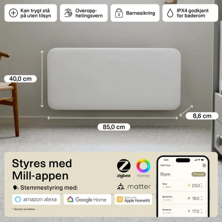 Mill Invisible Smart WiFi 900W Gen. 4 panelovn