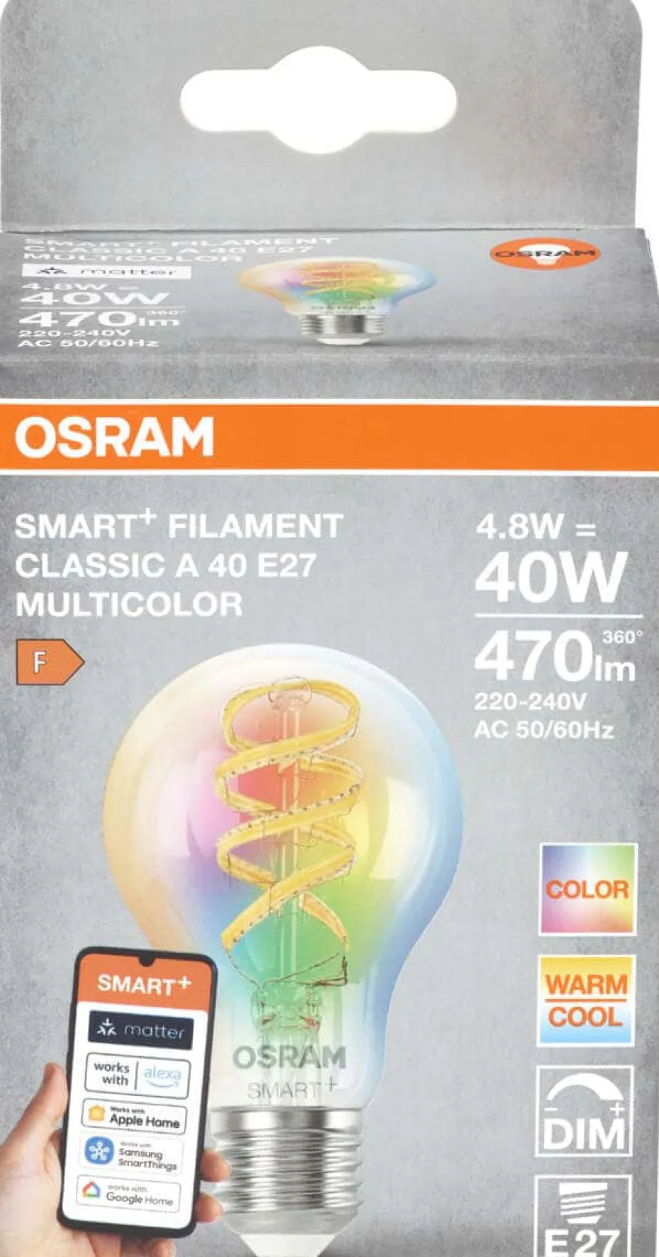 OSRAM Smart LED pære E27 4,8W RGBTW 470lm Klar