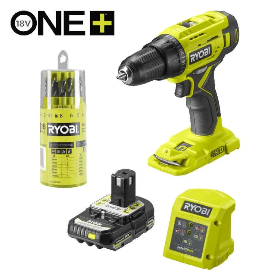 Ryobi R18DD4-1C20GA18 drill m/batteri og borsett