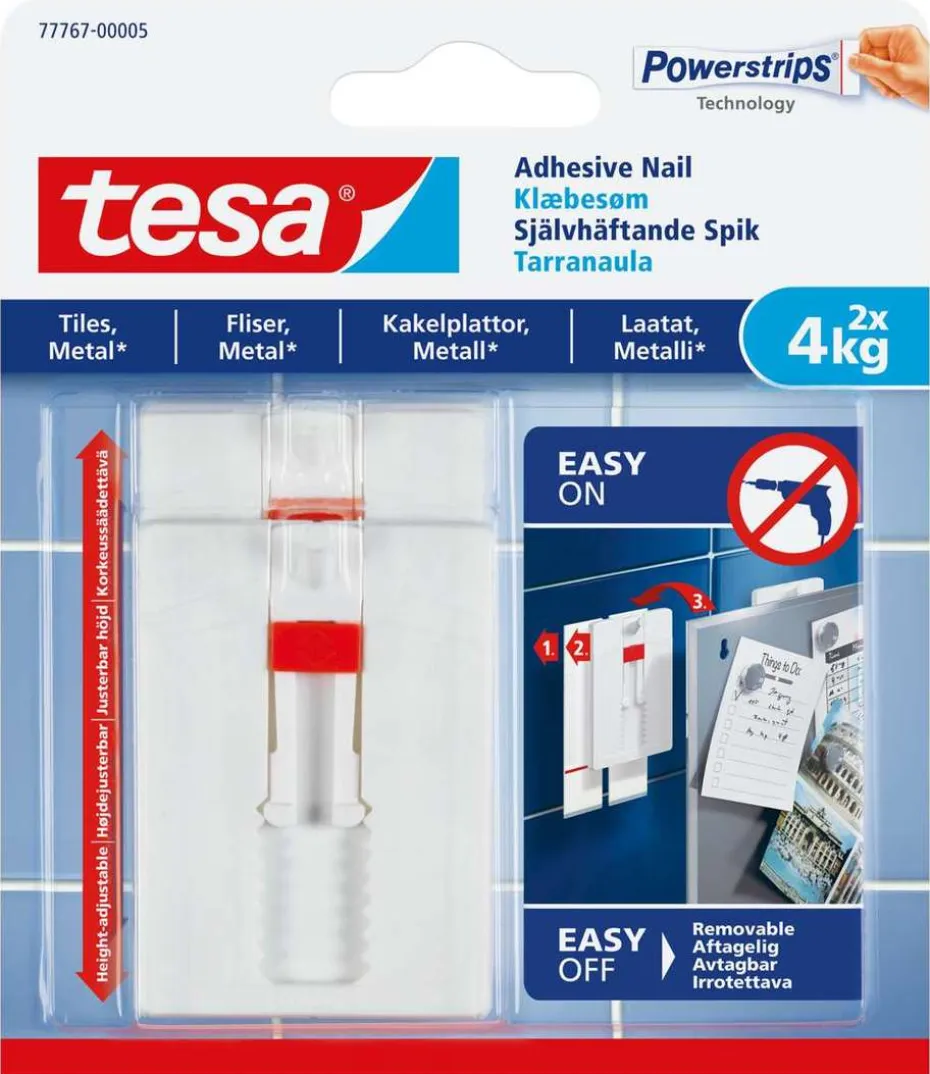 tesa® Powerstrips fliser og metall 4 kg justerbar limspiker 2-pk