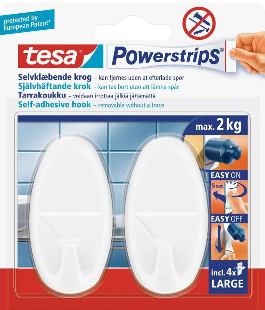 tesa® Powerstrips large oval hvit krok 2-pk