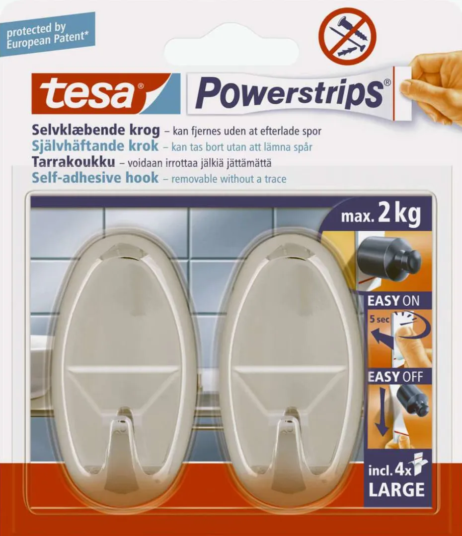 tesa® Powerstrips large oval sølv krok 2-pk