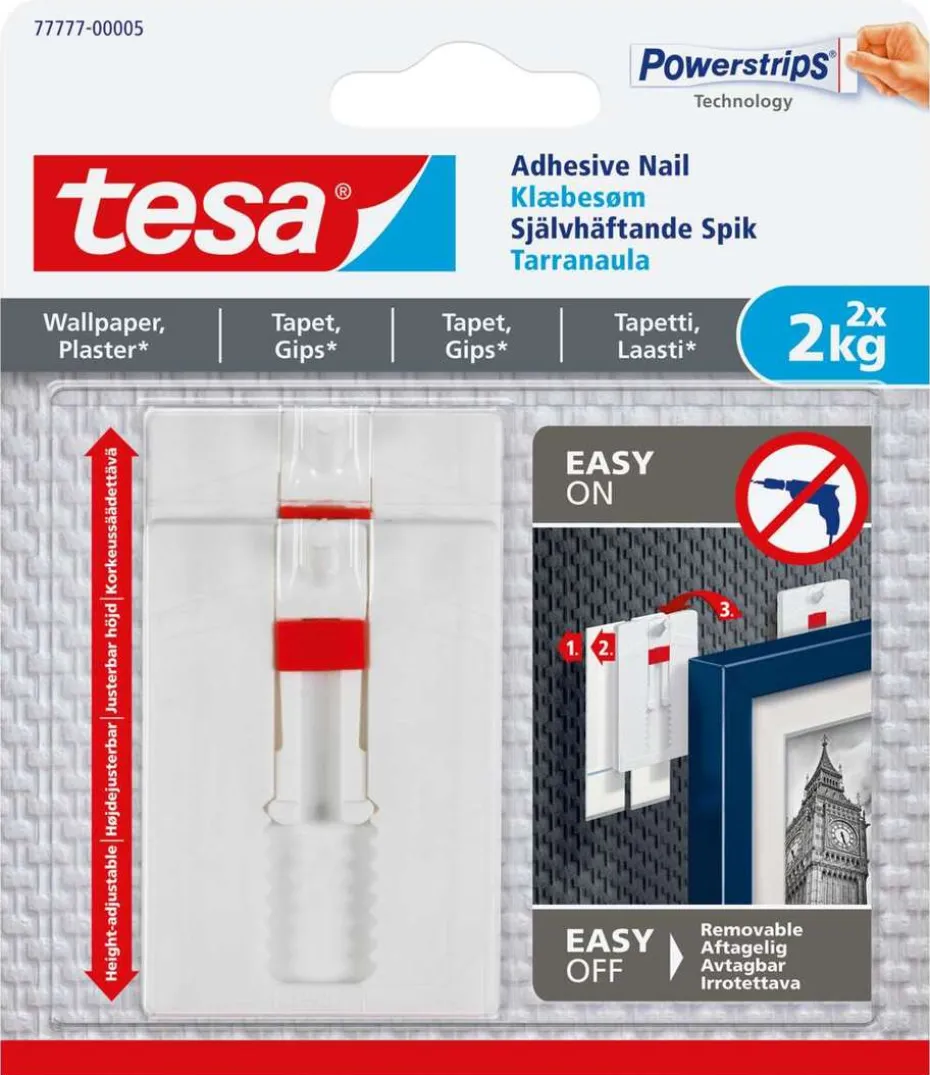 tesa® Powerstrips tapet og gips 2 kg justerbar limspiker 2-pk